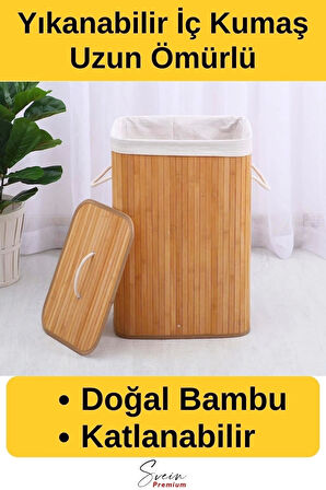 Kapaklı El Yapımı Dekoratif Modern Doğal Ahşap Bambu Banyo Kirli Çamaşır Sepeti 40 X 30 X 60 Cm