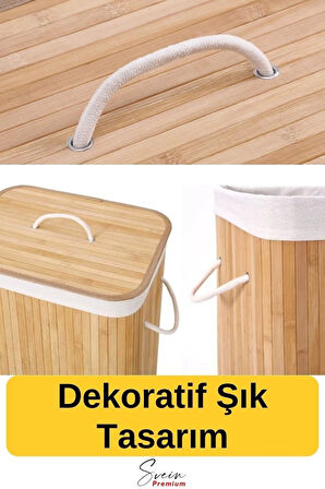 Kapaklı El Yapımı Dekoratif Modern Doğal Ahşap Bambu Banyo Kirli Çamaşır Sepeti 40 X 30 X 60 Cm