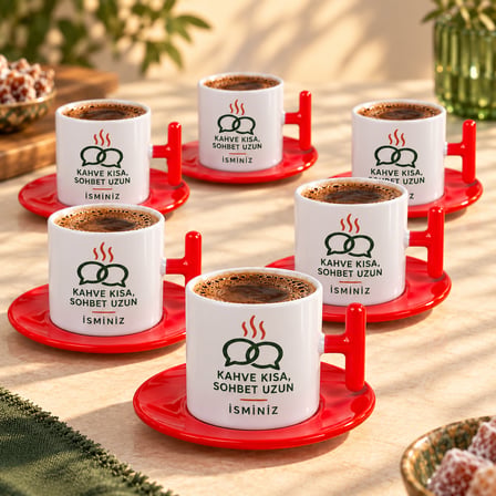 Almera Craft Kişiye Özel İsimli 6’lı Türk Kahvesi Fincan Seti – 90 ml Kırmızı T Kulplu Porselen Takım