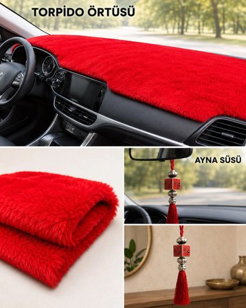 Kırmızı Renkli Kısa Tüy Peluş Torpido Örtüsü ve Püsküllü Ayna Süsü