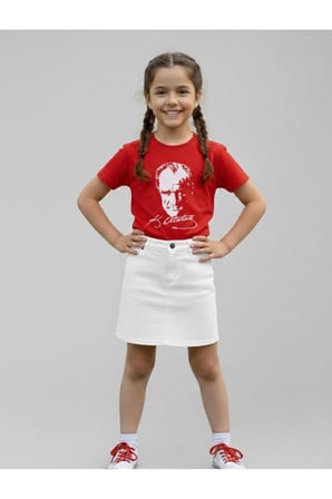 Kız Çocuk ATATÜRK Baskılı T-Shirt Ve Keten Etek Takım 23 NİSAN-Özel Bayramlar