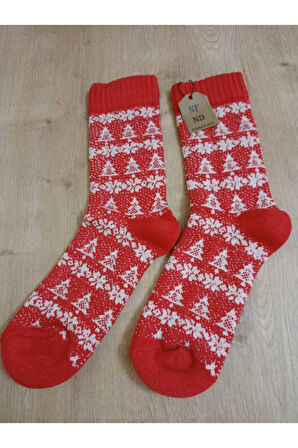 BAMBU TERMAL YIKAMALI SOKET YILBAŞI KADİFEMSİ YUMUŞAK DESENLİ ETNİK ÇORAP  ÇORABI KIRMIZI-BEYAZ