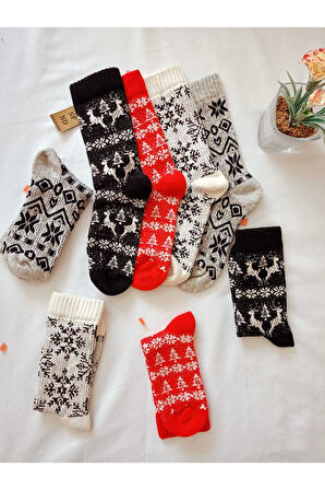BAMBU TERMAL YIKAMALI SOKET YILBAŞI KADİFEMSİ YUMUŞAK DESENLİ ETNİK ÇORAP  ÇORABI KIRMIZI-BEYAZ