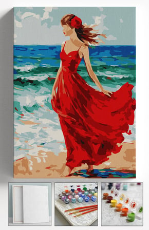 Sayılarla Boyama Seti Numaralı Tuval Fırça Boya Askı Aparatı Dahil Set 40x50 Cm - KIRMIZI ELBİSELİ KADIN