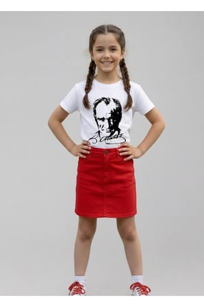 Kız Çocuk ATATÜRK Baskılı T-Shirt Ve Keten Etek Takım 23 NİSAN-Özel Bayramlar