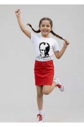 Kız Çocuk ATATÜRK Baskılı T-Shirt Ve Keten Etek Takım 23 NİSAN-Özel Bayramlar