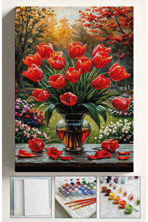 Sayılarla Boyama Seti Numaralı Tuval Fırça Boya 40x50 Cm - KIRMIZI LALELER