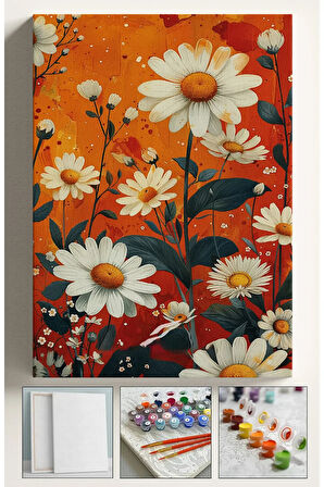 Sayılarla Boyama Çerçeveli Hobi Seti Numaralı Tuval Fırça Boya PAPATYALAR Dahil Kasnaklı 40X50 Cm