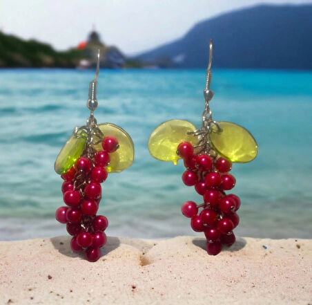 Kırmızı Rengi İnci Düşler Doğal İnci Tasarım Aesthetic Soft Vibes Vintage Salkım Sallantılı Hediyelik Üzüm Küpe