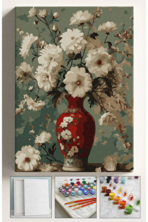 Sayılarla Boyama Çerçeveli Hobi Seti Numaralı Tuval Fırça Boya Dahil Kasnaklı KIRMIZI VAZO 40X50 Cm