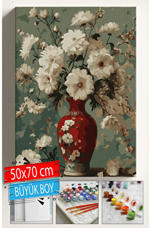 Sayılarla Boyama Seti Numaralı Tuval Fırça Boya Dahil Kasnaklı Set 50x70 Cm - KIRMIZI VAZO