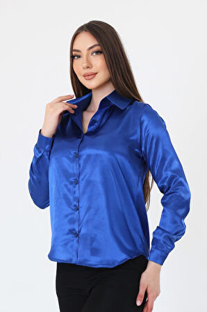 Kadın Hafif Dökümlü Sax Mavi Saten Gömlek