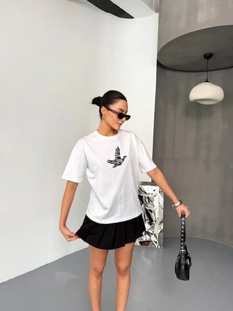 Kısa Kol Baskılı T-shirt - Beyaz