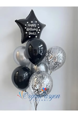 Kişiye Özel Happy Birthday Balon Seti – Siyah & Gümüş Folyo Konfeti Buketi