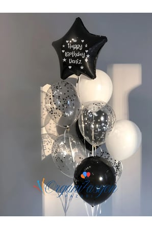 Kişiye Özel Happy Birthday Balon Seti – Siyah & Gümüş Folyo Konfeti Buketi