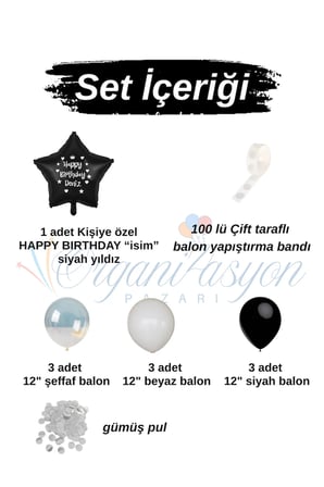 Kişiye Özel Happy Birthday Balon Seti – Siyah & Gümüş Folyo Konfeti Buketi