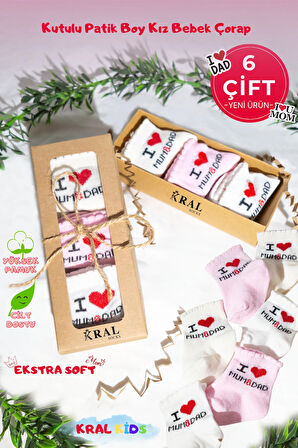 6 Çift Kız Bebek Çorap Kutulu Patik Boy – I Love Mum Dad Desenli, Pamuklu
