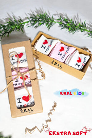 6 Çift Kız Bebek Çorap Kutulu Patik Boy – I Love Mum Dad Desenli, Pamuklu