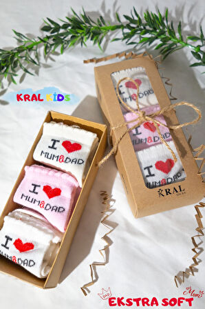 6 Çift Kız Bebek Çorap Kutulu Patik Boy – I Love Mum Dad Desenli, Pamuklu