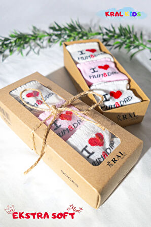 6 Çift Kız Bebek Çorap Kutulu Patik Boy – I Love Mum Dad Desenli, Pamuklu