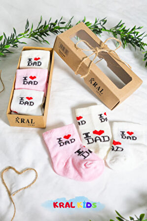 6 Çift Kız Bebek Çorap Kutulu Patik Boy – I Love Dad Desenli, Pamuklu