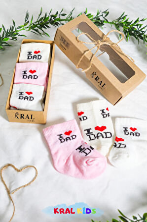 6 Çift Kız Bebek Çorap Kutulu Patik Boy – I Love Dad Desenli, Pamuklu