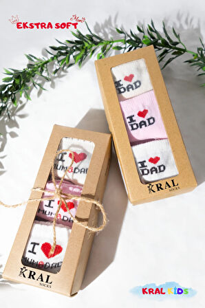 12 Çift Kız Bebek Çorap Kutulu Patik Boy – I Love Mom Dad Desenli, Pamuklu
