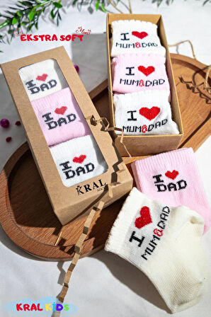 12 Çift Kız Bebek Çorap Kutulu Patik Boy – I Love Mom Dad Desenli, Pamuklu