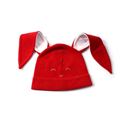 Berselüx  Kırmızı Tavşan Kulak Gülen Yüz Nakışlı Polar Bere. Kız Erkek Çocuk Unisex 1-8 Yaş