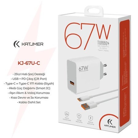 KATJMER KJ-67U-C USB'li 67W Şarj Adaptörü ve Type-C Kablo