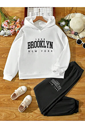 çocuk brooklynl baskılı kapşonlu eşofman takımı