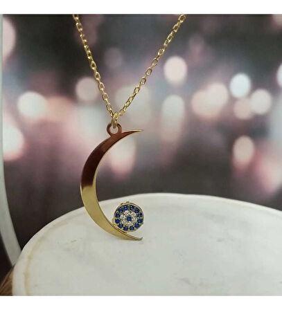 NAZAR BONCUKLU GÜMÜŞ HİLAL KOLYE