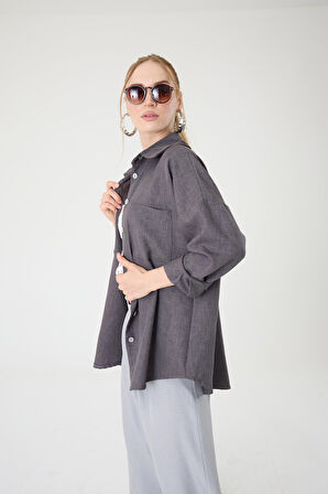 Tek Cepli Oversize Keten Gömlek- Antrasit