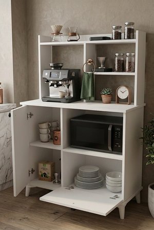 Papi-co Coffee Time 90 cm Mutfak Dolabı Beyaz Çok Amaçlı Kahve Köşesi ve Mikrodalga Standı