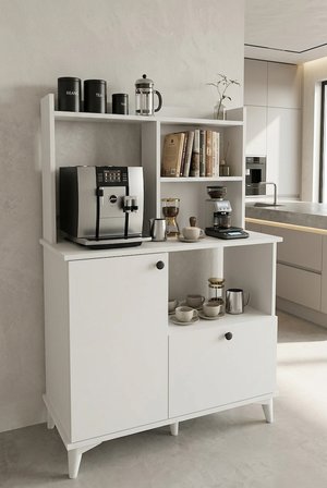 Papi-co Coffee Time 90 cm Mutfak Dolabı Beyaz Çok Amaçlı Kahve Köşesi ve Mikrodalga Standı