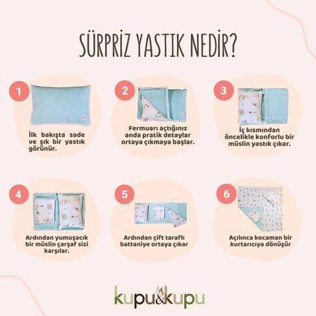 Bebek Uyku Seti, Sürpriz Yastık 3’Ü 1 Arada  Pamuk Pike & Müslin Bebek Battaniyesi - Çarşaf - Yastık - Kupukupu