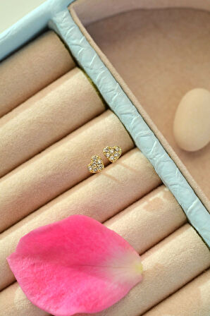 Taşlı Minicik Küpe Mini Kalpli Küpe Gold Renk