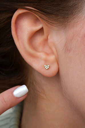 Taşlı Minicik Küpe Mini Kalpli Küpe Gold Renk