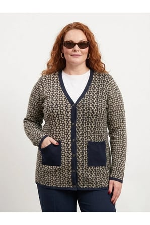 BÜYÜK BEDEN ÇELİK ÖRGÜ KLASİK LEOPAR DESEN TRİKO KADIN CEKET