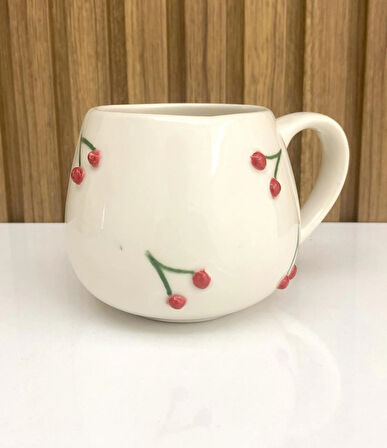 Kiraz Kabartmalı Seramik Büyük Boy Kupa %100 Handmade