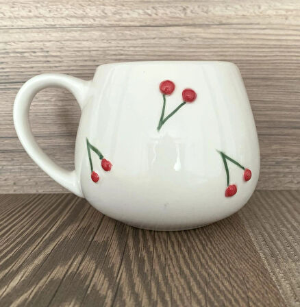 Kiraz Kabartmalı Seramik Büyük Boy Kupa %100 Handmade