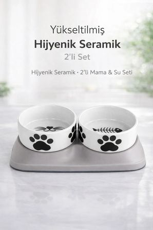 NitruDesign Yükseltilmiş İkili Seramik Kedi Mama ve Su Kabı Bej