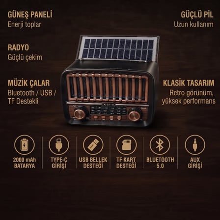Solar Panelli FM Radyo - Şarjlı - Bluetooth Özellikli - AUX Girişli - Nostaljik Tasarım