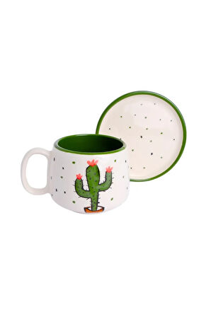 Kaktüs Desenli Tabaklı Double Seramik El Yapımı Kupa, Seramik Kupa, Handmade, Kahve Kupası
