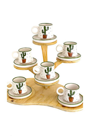 6’lı Takım Kaktüs Desenli El Yapımı kazan Seramik Kahve Fincanı, Kahve Fincanı