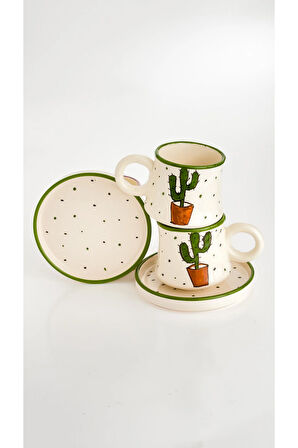 6’lı Takım Kaktüs Desenli El Yapımı kazan Seramik Kahve Fincanı, Kahve Fincanı