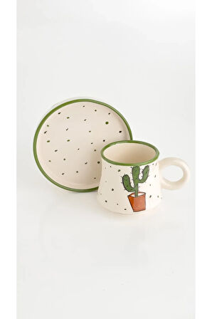 2’li Takım Kaktüs Desenli El Yapımı kazan Seramik Kahve Fincanı, Kahve Fincanı
