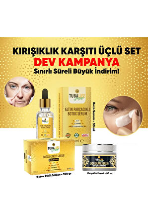 3'lü Kırışıklık Karşıtı Set - Kırışıklık Kremi, Botoks Etkili - 24k Altın Parçacıklı Serum ve Sabun