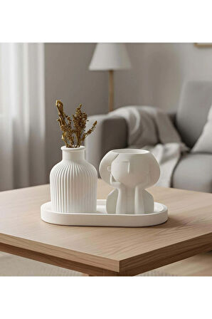 Dekoratif Standlı Alçı Kız ve Vazo Biblo