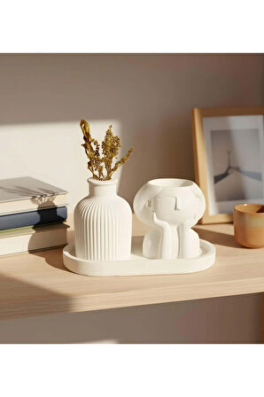 Dekoratif Standlı Alçı Kız ve Vazo Biblo